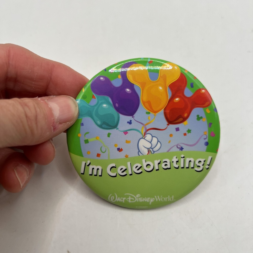 Disney World Im Celebrating Mickey Mouse Balloons Pin Back Button Souvenir